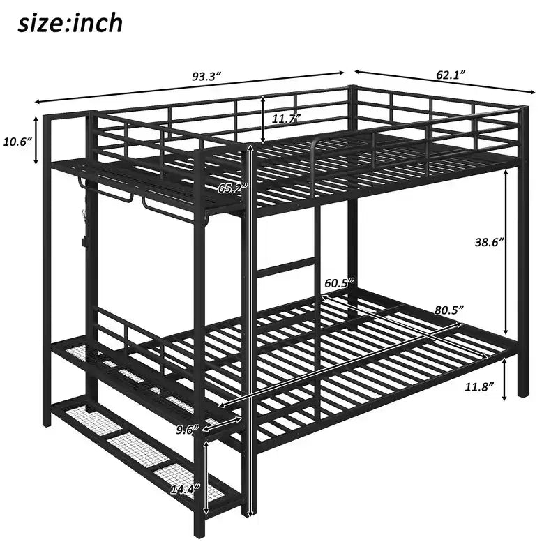 Whisen Full Size Metal Bunk Bed with LED Light Strips (7 Colors), Open Storage Shelves & Hooks