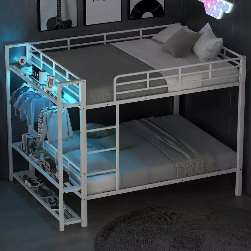 Whisen Full Size Metal Bunk Bed with LED Light Strips (7 Colors), Open Storage Shelves & Hooks