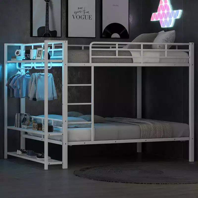 Whisen Full Size Metal Bunk Bed with LED Light Strips (7 Colors), Open Storage Shelves & Hooks
