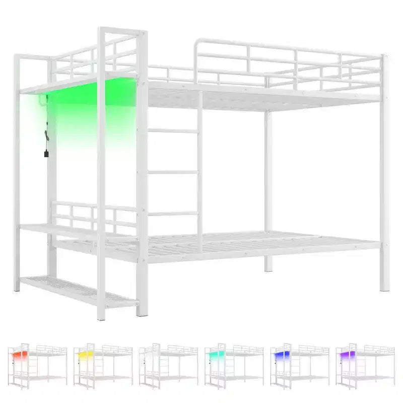 Whisen Full Size Metal Bunk Bed with LED Light Strips (7 Colors), Open Storage Shelves & Hooks