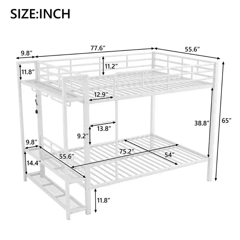 Whisen Full Size Metal Bunk Bed with LED Light Strips (7 Colors), Open Storage Shelves & Hooks