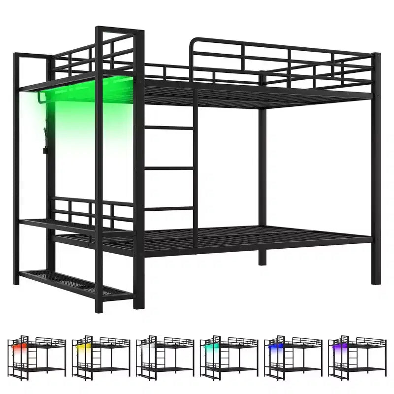 Whisen Full Size Metal Bunk Bed with LED Light Strips (7 Colors), Open Storage Shelves & Hooks