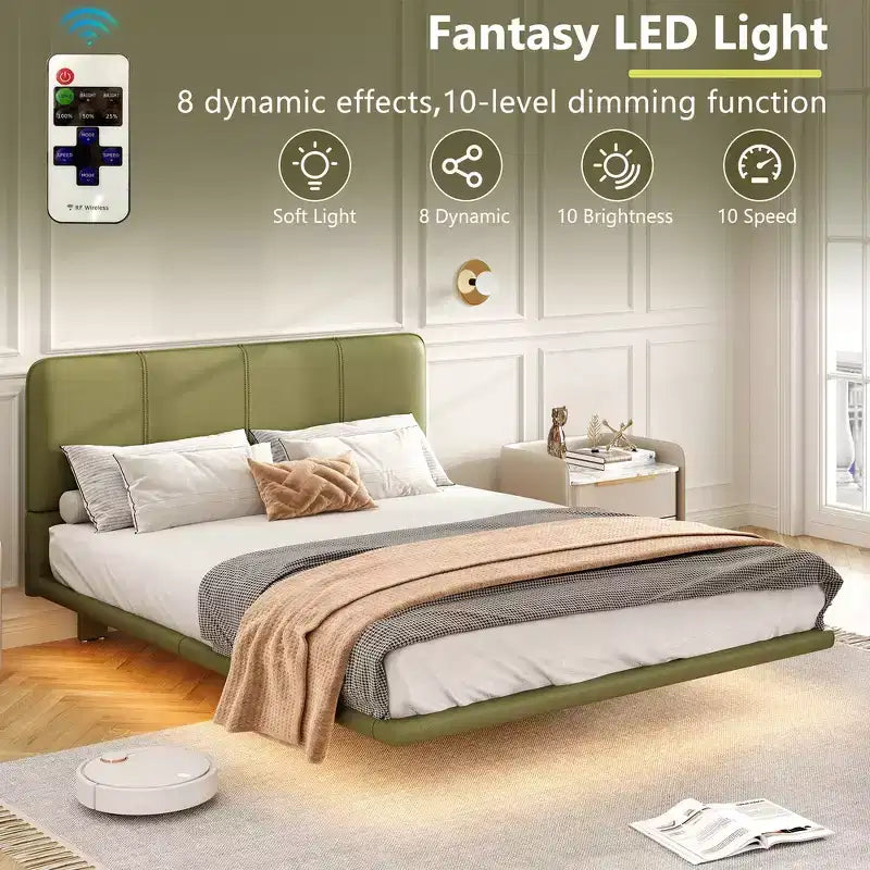 Whisen Full Size Floating Platform Bed with LED Lights, PU Leather, Sturdy Build & Modern Appeal