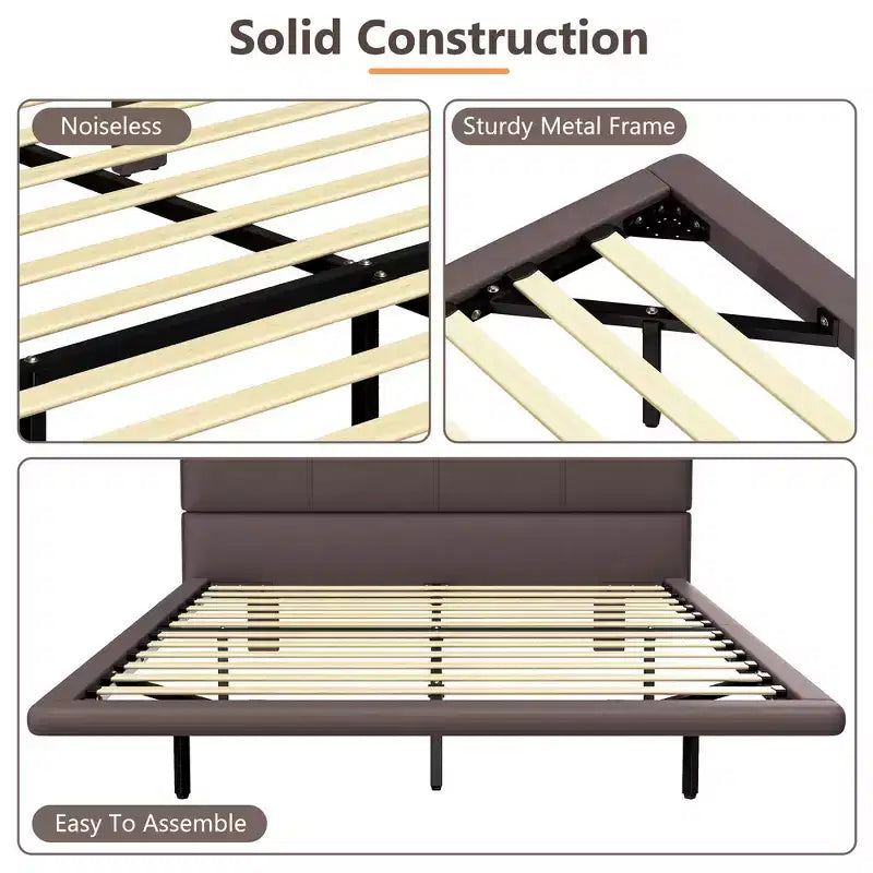 Whisen Full Size Floating Platform Bed with LED Lights, PU Leather, Sturdy Build & Modern Appeal
