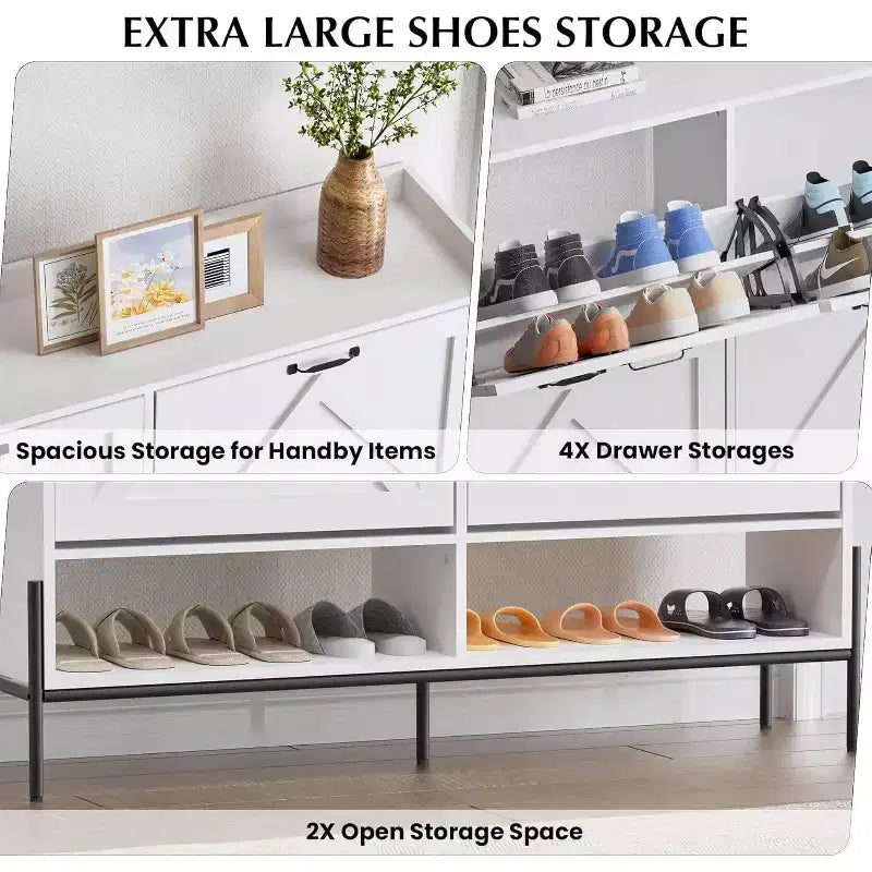 48.4 White Shoe Cabinet with 4 Flip Drawers, Large Capacity Entryway Storage with Metal Legs, Anti-Tip Modern Shoe Organizer