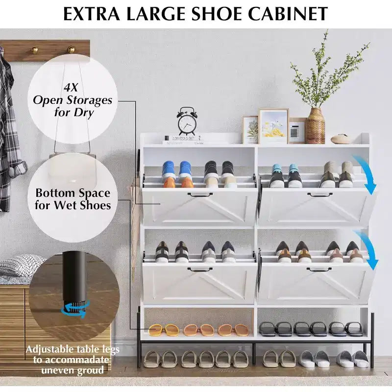 48.4 White Shoe Cabinet with 4 Flip Drawers, Large Capacity Entryway Storage with Metal Legs, Anti-Tip Modern Shoe Organizer