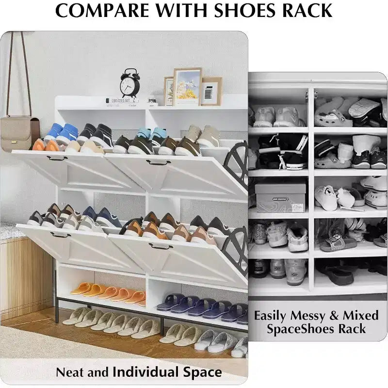 48.4 White Shoe Cabinet with 4 Flip Drawers, Large Capacity Entryway Storage with Metal Legs, Anti-Tip Modern Shoe Organizer