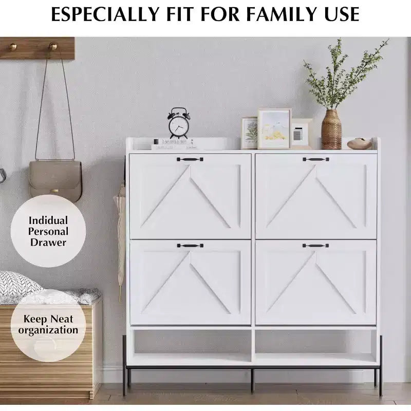 48.4 White Shoe Cabinet with 4 Flip Drawers, Large Capacity Entryway Storage with Metal Legs, Anti-Tip Modern Shoe Organizer