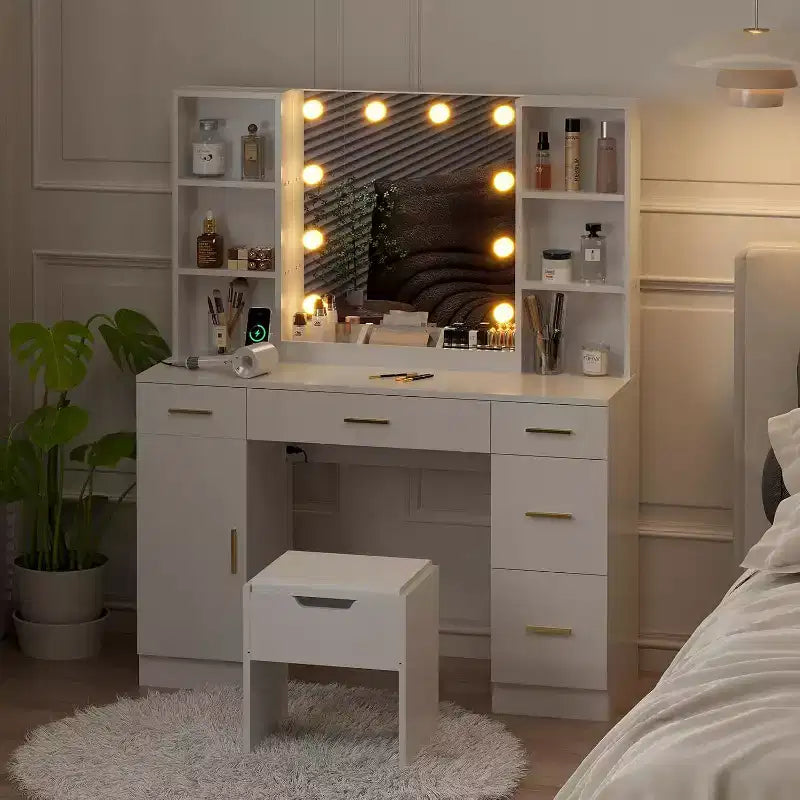 Vanity Desk with LED Mirror, 5 Sliding Drawers & 6 Open Shelves, 3 Color Lighting Modes with Adjustable Brightness, Dressing Table for Bedroom