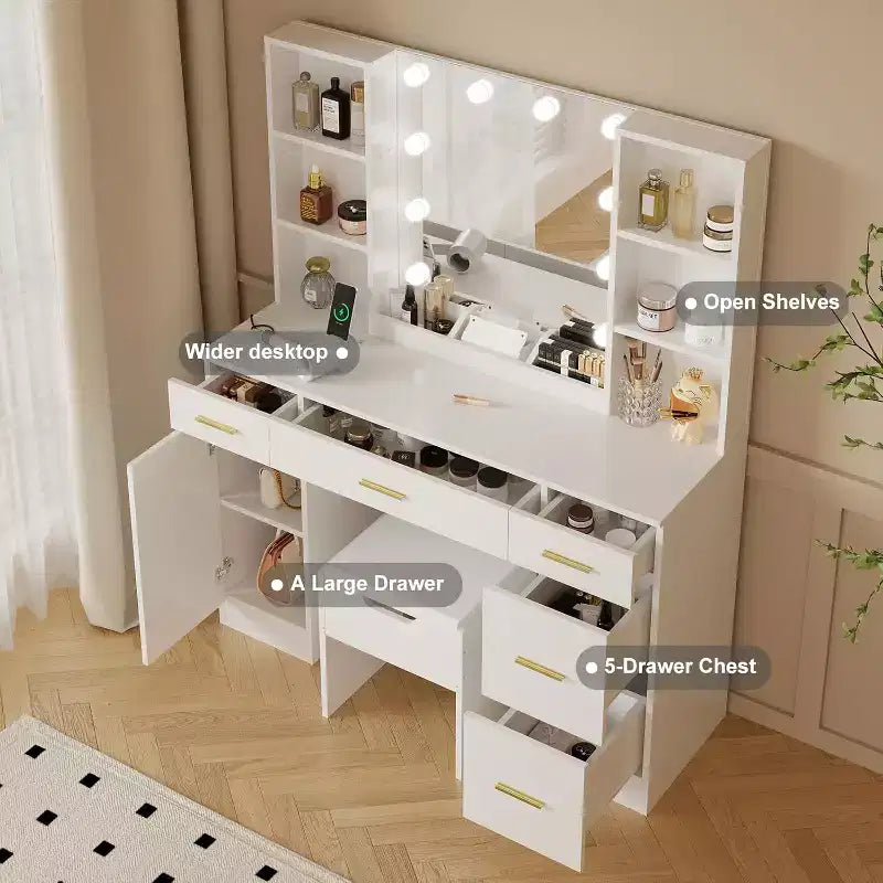 Vanity Desk with LED Mirror, 5 Sliding Drawers & 6 Open Shelves, 3 Color Lighting Modes with Adjustable Brightness, Dressing Table for Bedroom