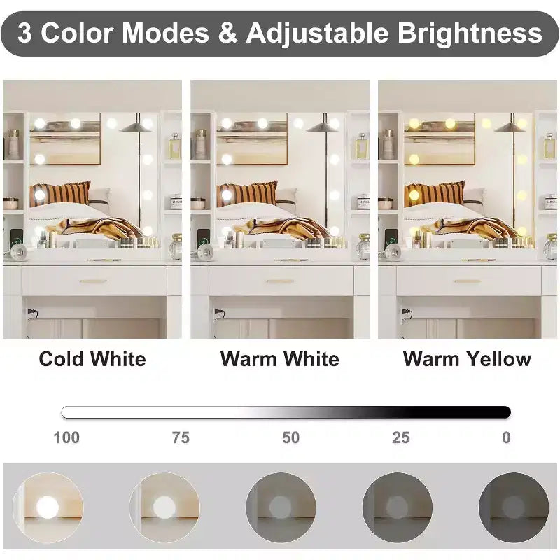 Vanity Desk with LED Mirror, 5 Sliding Drawers & 6 Open Shelves, 3 Color Lighting Modes with Adjustable Brightness, Dressing Table for Bedroom