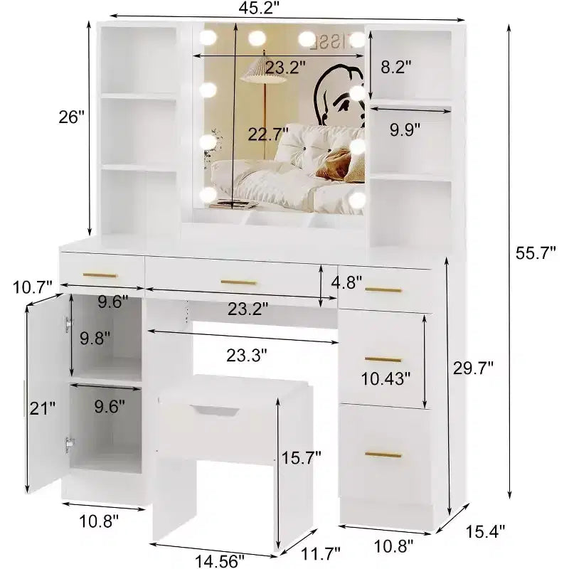 Vanity Desk with LED Mirror, 5 Sliding Drawers & 6 Open Shelves, 3 Color Lighting Modes with Adjustable Brightness, Dressing Table for Bedroom