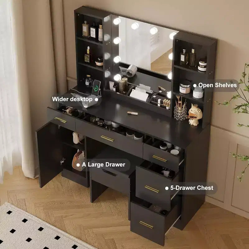 Vanity Desk with LED Mirror, 5 Sliding Drawers & 6 Open Shelves, 3 Color Lighting Modes with Adjustable Brightness, Dressing Table for Bedroom