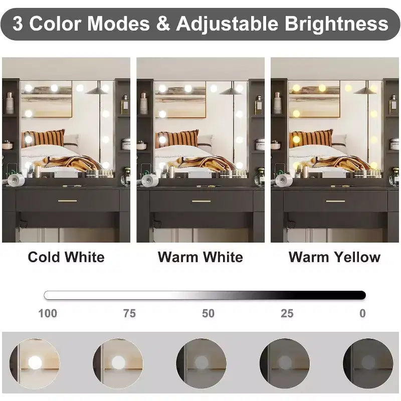 Vanity Desk with LED Mirror, 5 Sliding Drawers & 6 Open Shelves, 3 Color Lighting Modes with Adjustable Brightness, Dressing Table for Bedroom