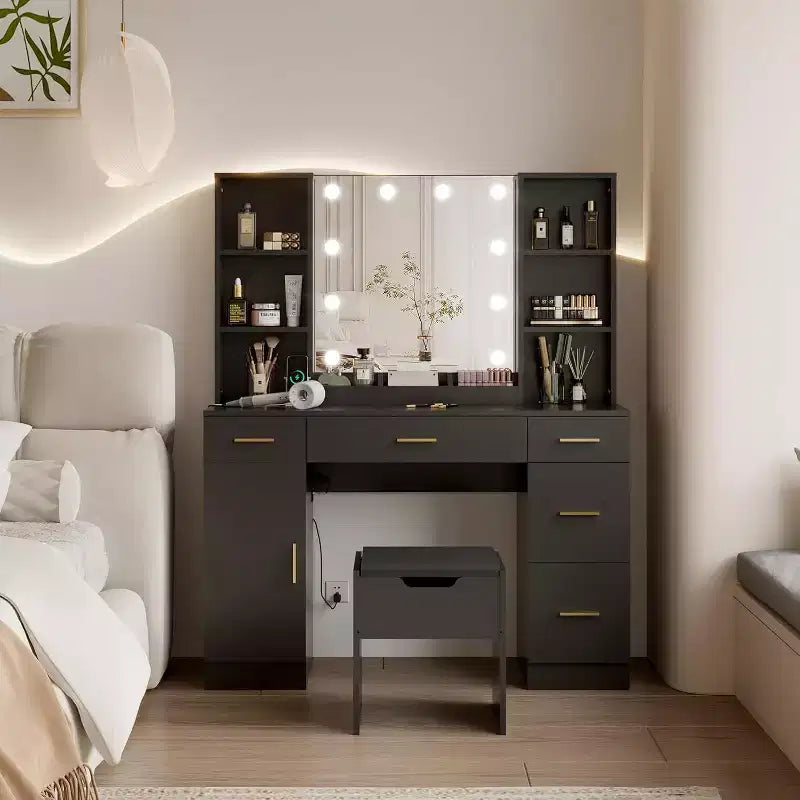 Vanity Desk with LED Mirror, 5 Sliding Drawers & 6 Open Shelves, 3 Color Lighting Modes with Adjustable Brightness, Dressing Table for Bedroom