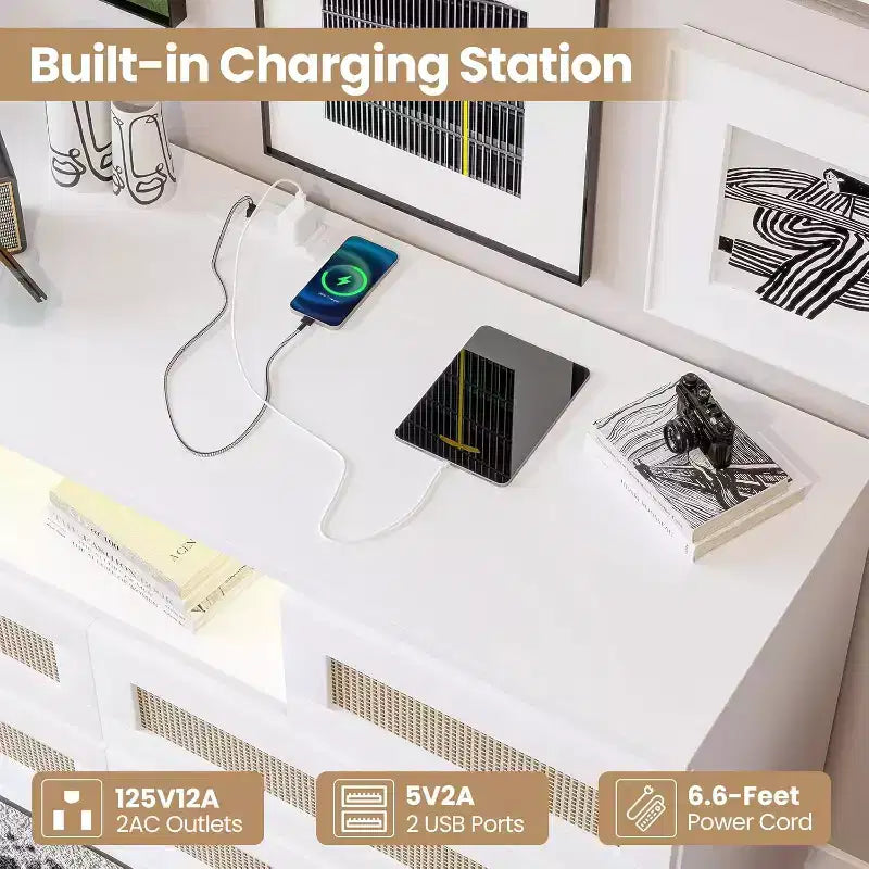 CuisinSmart Modern Rattan Dresser, LED Dresser with Charging Station, Wooden Dressers & Chest of Drawers with 6 Drawers, TV Stand for Closet