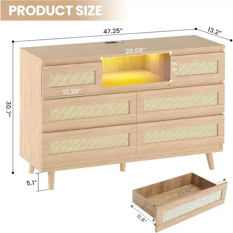 CuisinSmart Modern Rattan Dresser, LED Dresser with Charging Station, Wooden Dressers & Chest of Drawers with 6 Drawers, TV Stand for Closet