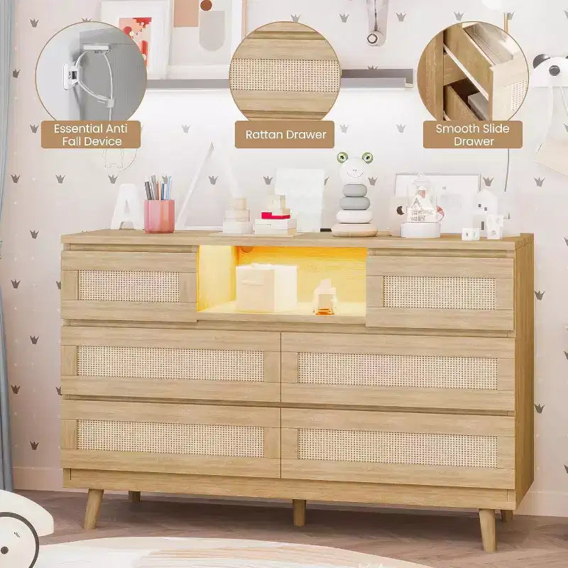 CuisinSmart Modern Rattan Dresser, LED Dresser with Charging Station, Wooden Dressers & Chest of Drawers with 6 Drawers, TV Stand for Closet