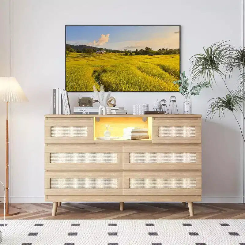 CuisinSmart Modern Rattan Dresser, LED Dresser with Charging Station, Wooden Dressers & Chest of Drawers with 6 Drawers, TV Stand for Closet