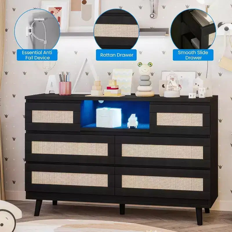 CuisinSmart Modern Rattan Dresser, LED Dresser with Charging Station, Wooden Dressers & Chest of Drawers with 6 Drawers, TV Stand for Closet
