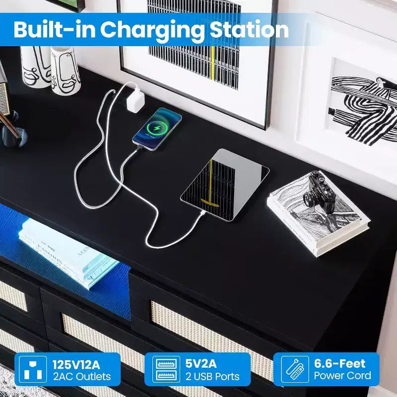 CuisinSmart Modern Rattan Dresser, LED Dresser with Charging Station, Wooden Dressers & Chest of Drawers with 6 Drawers, TV Stand for Closet