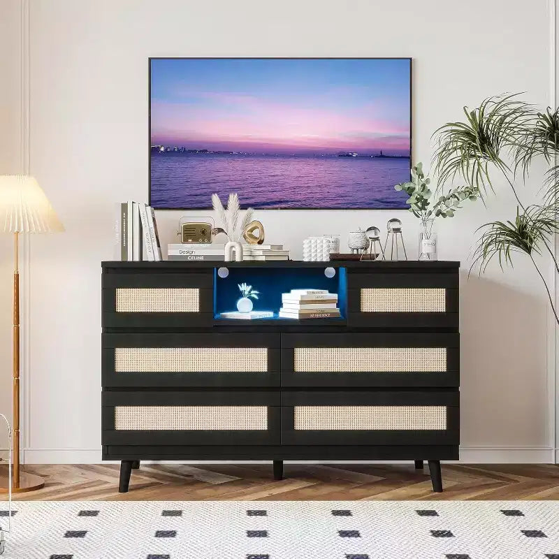 CuisinSmart Modern Rattan Dresser, LED Dresser with Charging Station, Wooden Dressers & Chest of Drawers with 6 Drawers, TV Stand for Closet