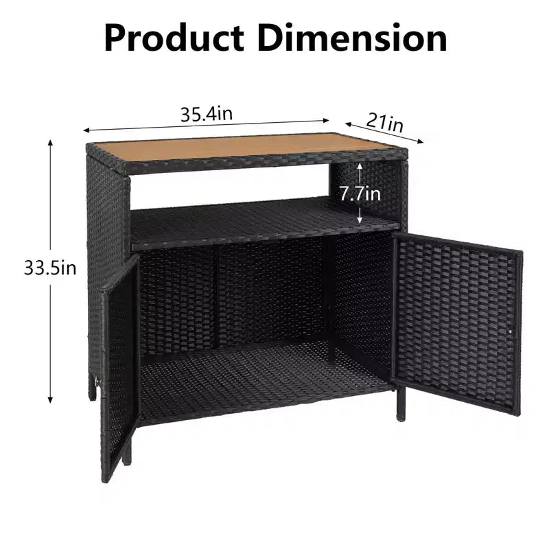 Outdoor Patio Bar Table w/2-Door and Shelf Patio Wicker Storage Cabinet, Powder Coated Steel, All Weather Resin Wicker, Patio Pool Garden, Kitchen