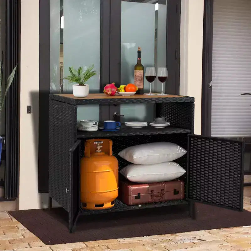 Outdoor Patio Bar Table w/2-Door and Shelf Patio Wicker Storage Cabinet, Powder Coated Steel, All Weather Resin Wicker, Patio Pool Garden, Kitchen