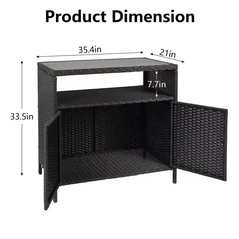 Outdoor Patio Bar Table w/2-Door and Shelf Patio Wicker Storage Cabinet, Powder Coated Steel, All Weather Resin Wicker, Patio Pool Garden, Kitchen
