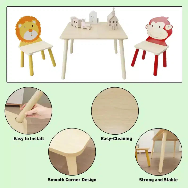 JVNOXK-Kids Table and 2 Chairs Set, 3 Pieces Toddler Table and Chair Set, Wooden Activity Play Table Set (Lion&Monkey)