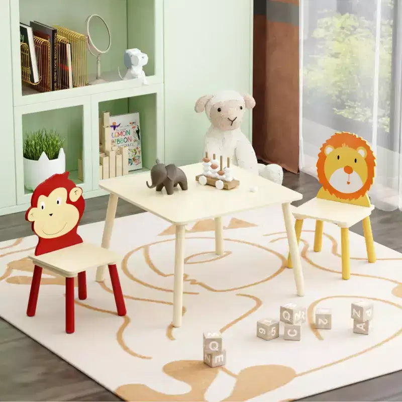 JVNOXK-Kids Table and 2 Chairs Set, 3 Pieces Toddler Table and Chair Set, Wooden Activity Play Table Set (Lion&Monkey)