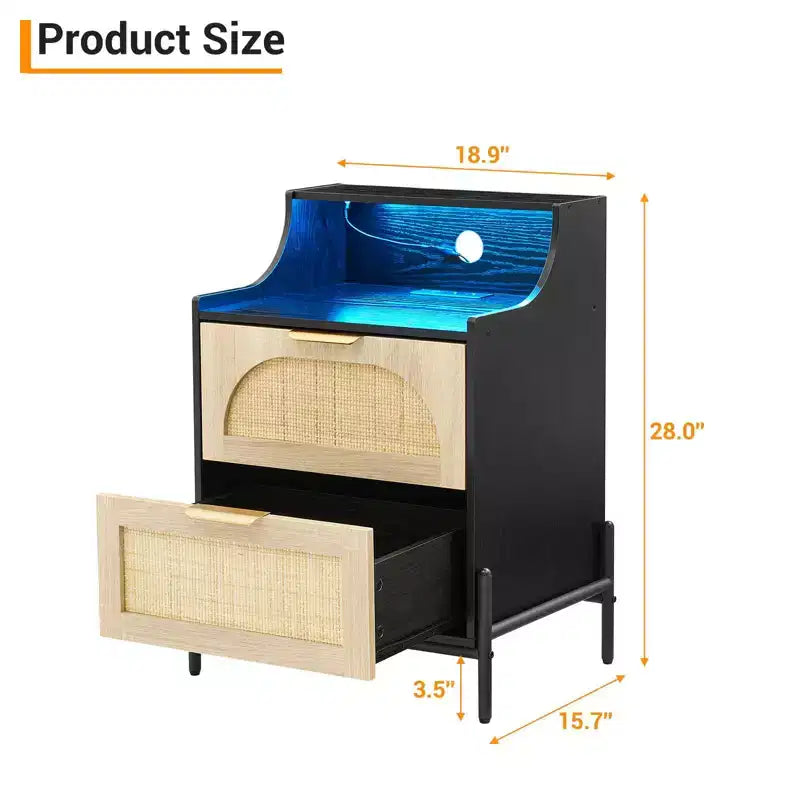 GustoWave Wood Curved-Edge Bedside Table with Light, Three-Drawer Bedroom/Living Room Accent Table, Natural Compact Nightstand