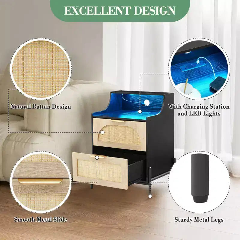 GustoWave Wood Curved-Edge Bedside Table with Light, Three-Drawer Bedroom/Living Room Accent Table, Natural Compact Nightstand