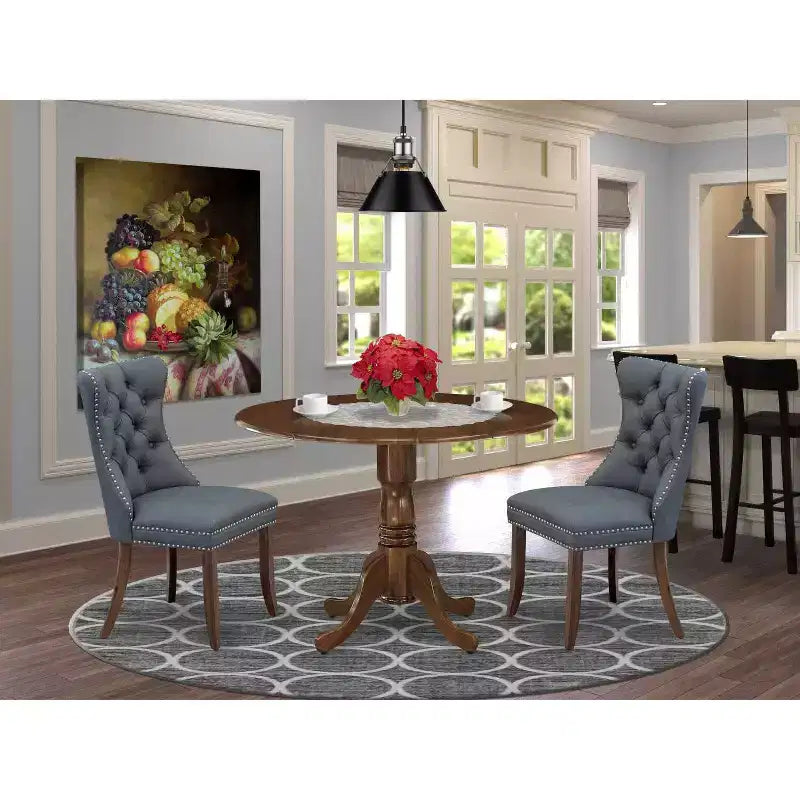 3-Piece Antique Walnut Finish Solid Wood Top-Round Upholstered Dining Room Set -Seats 4