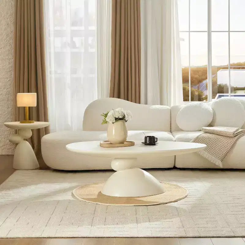 47 Lucky Stone Oval Fiberglass Coffee Table Sculptural Base Milk White