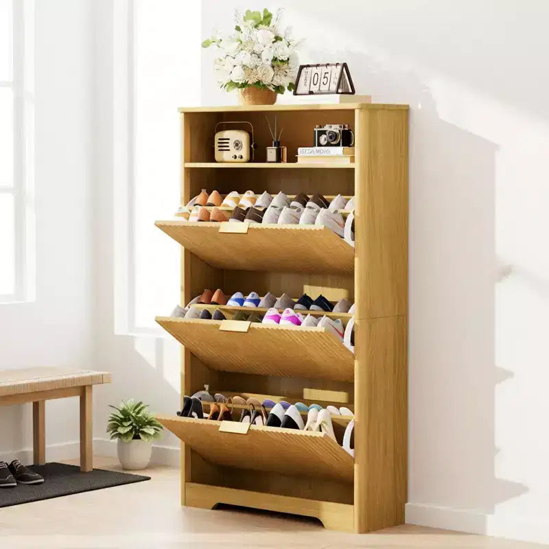 Homy Casa 3-Tier Modern Shoe Cabinet with Flip-Down Doors and Open Shelf