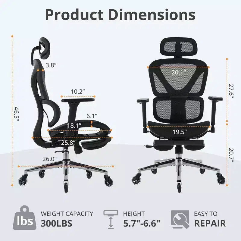Chaise de bureau ergonomique en maille avec roulettes, soutien lombaire, accoudoirs 3D