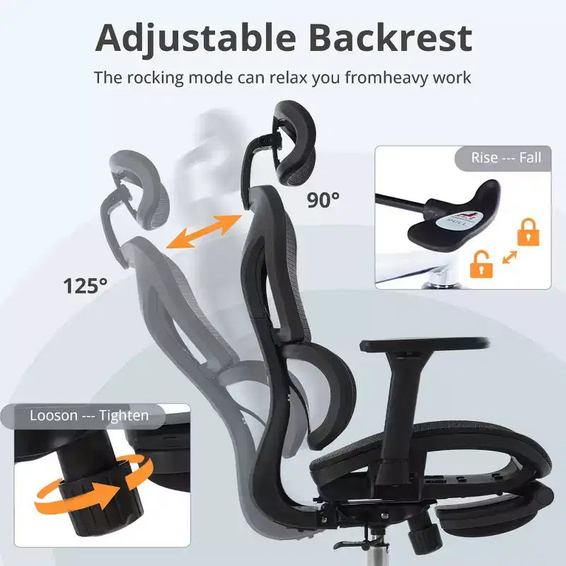 Chaise de bureau ergonomique en maille avec roulettes, soutien lombaire, accoudoirs 3D