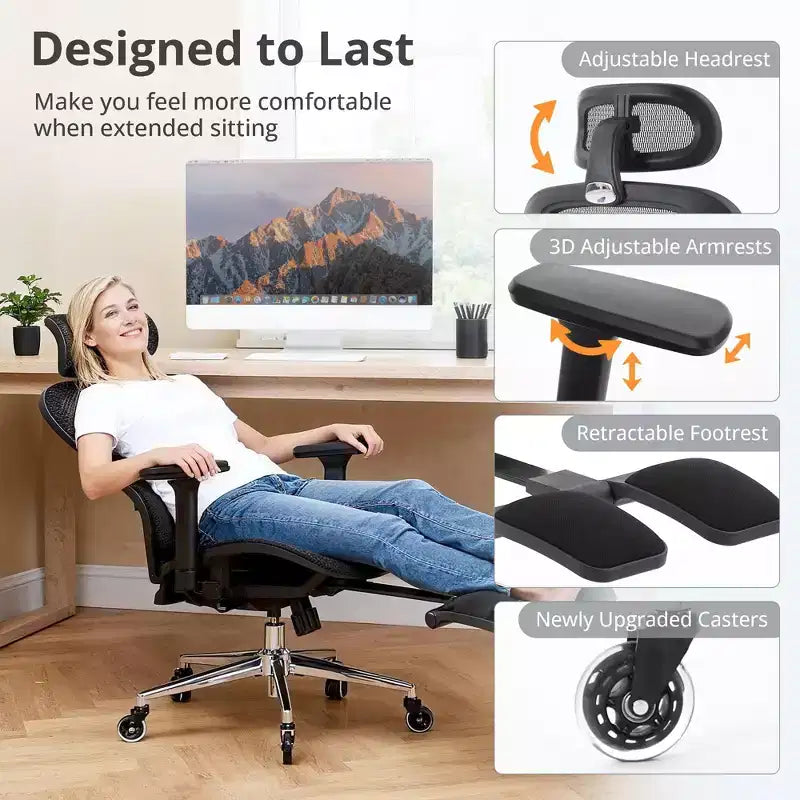 Chaise de bureau ergonomique en maille avec roulettes, soutien lombaire, accoudoirs 3D