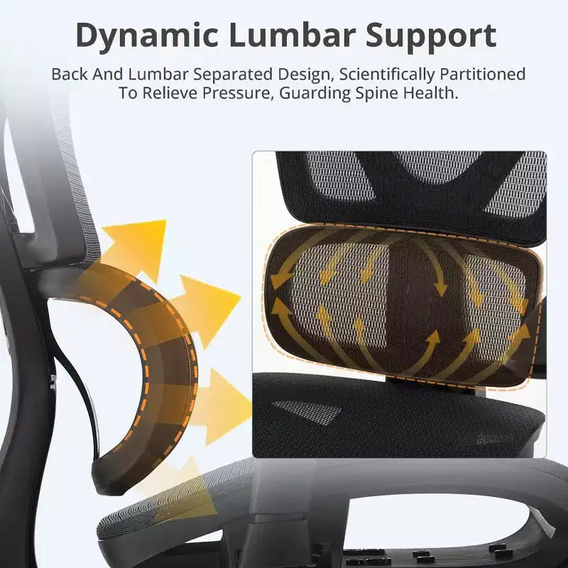 Chaise de bureau ergonomique en maille avec roulettes, soutien lombaire, accoudoirs 3D
