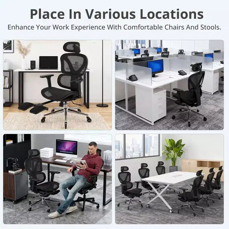 Chaise de bureau ergonomique en maille avec roulettes, soutien lombaire, accoudoirs 3D