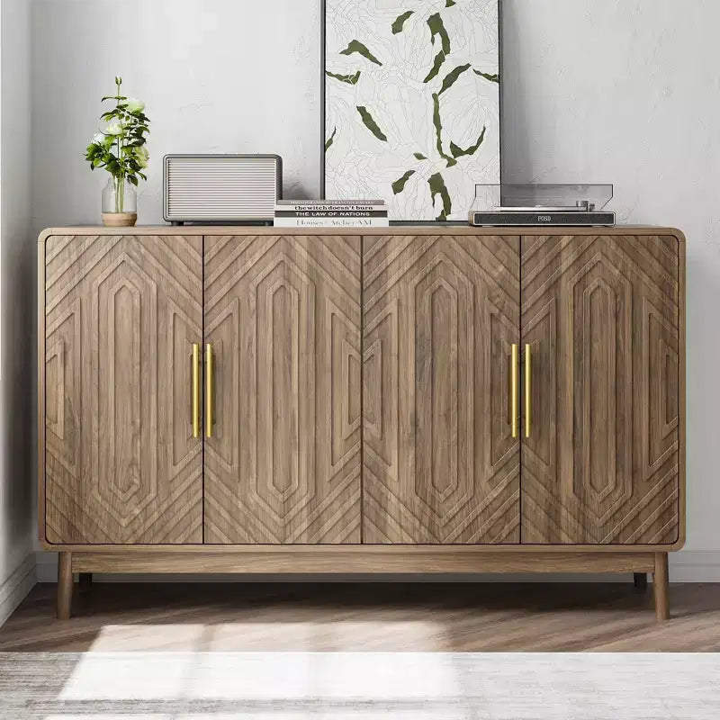 JVNOXK 55-inch Modern Carved Four-Door Adjustable Shelf Sideboard, Multi-Function Storage Cabinet, Suitable for Kitchen, Walnut Finish