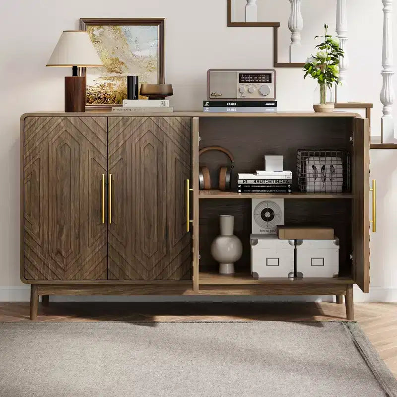 Buffet moderne sculpté à quatre portes avec étagères réglables, Armoire de rangement multifonctionnelle