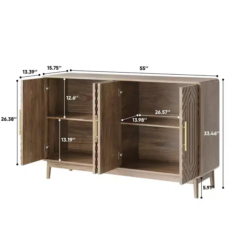 Buffet moderne sculpté à quatre portes avec étagères réglables, Armoire de rangement multifonctionnelle