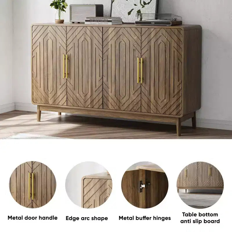 Buffet moderne sculpté à quatre portes avec étagères réglables, Armoire de rangement multifonctionnelle