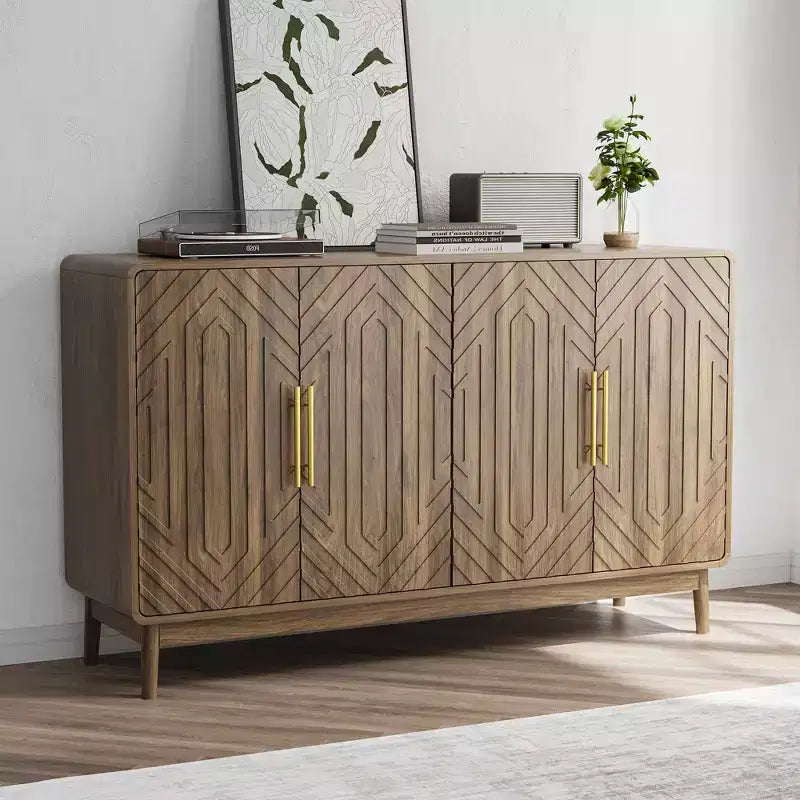 Buffet moderne sculpté à quatre portes avec étagères réglables, Armoire de rangement multifonctionnelle