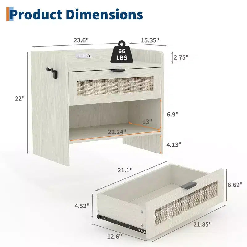 Table de chevet en rotin, table de nuit moderne avec 2 tiroirs de rangement