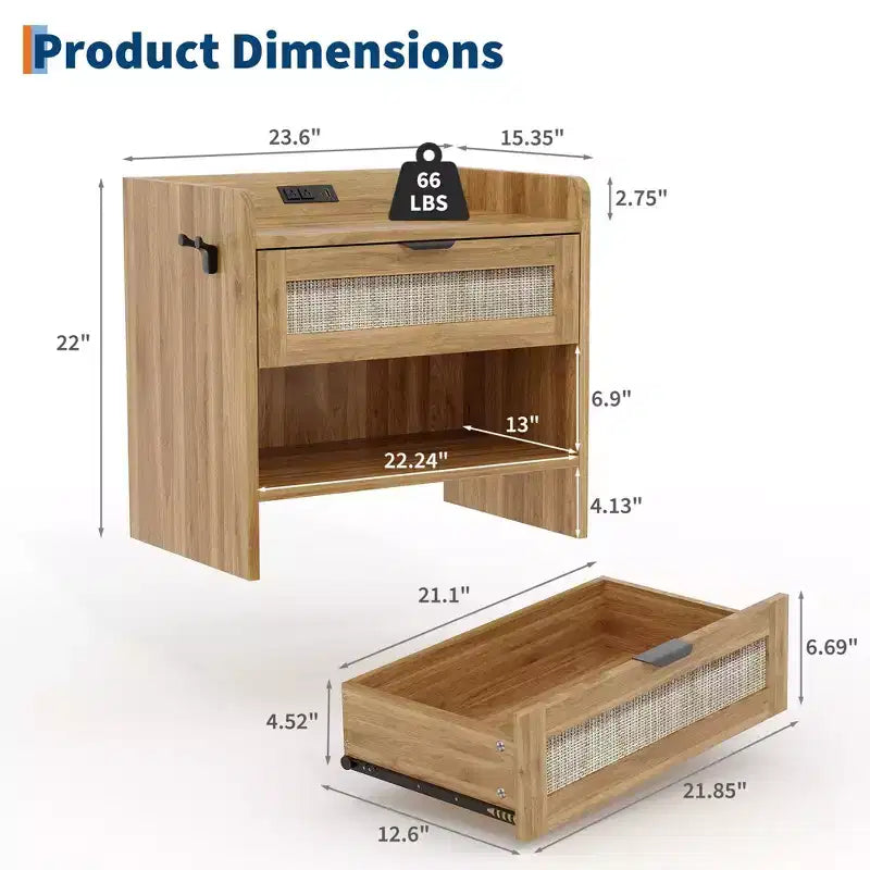 Table de chevet en rotin, table de nuit moderne avec 2 tiroirs de rangement