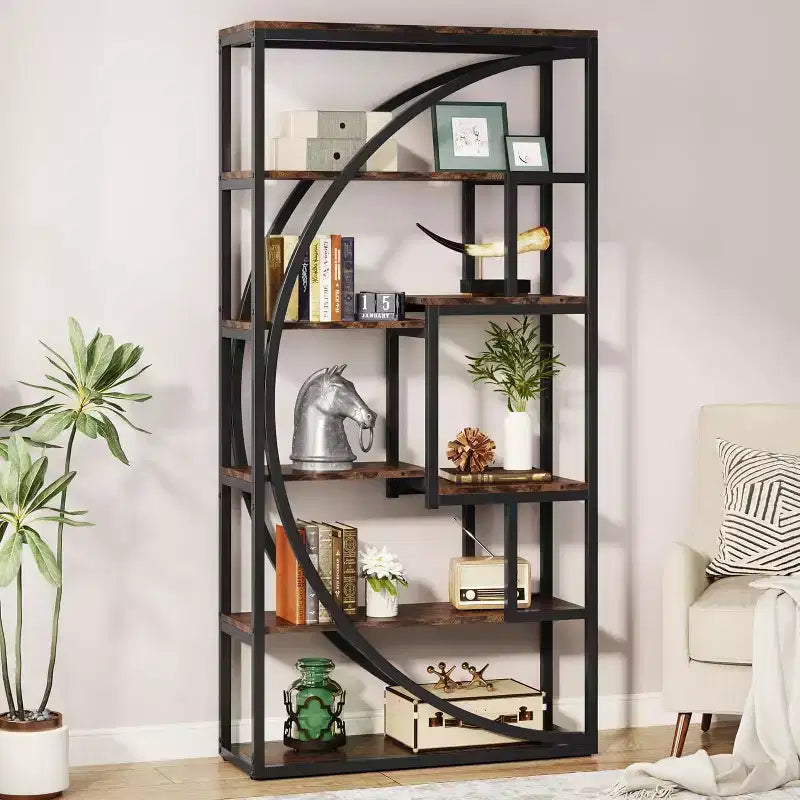 Lantine 70.8-Inch Bookshelf, Industrial 5-Tier Etagere Bookcase with 8 Open Storage Shelves for Home Office, Living Room, Rustic Brown