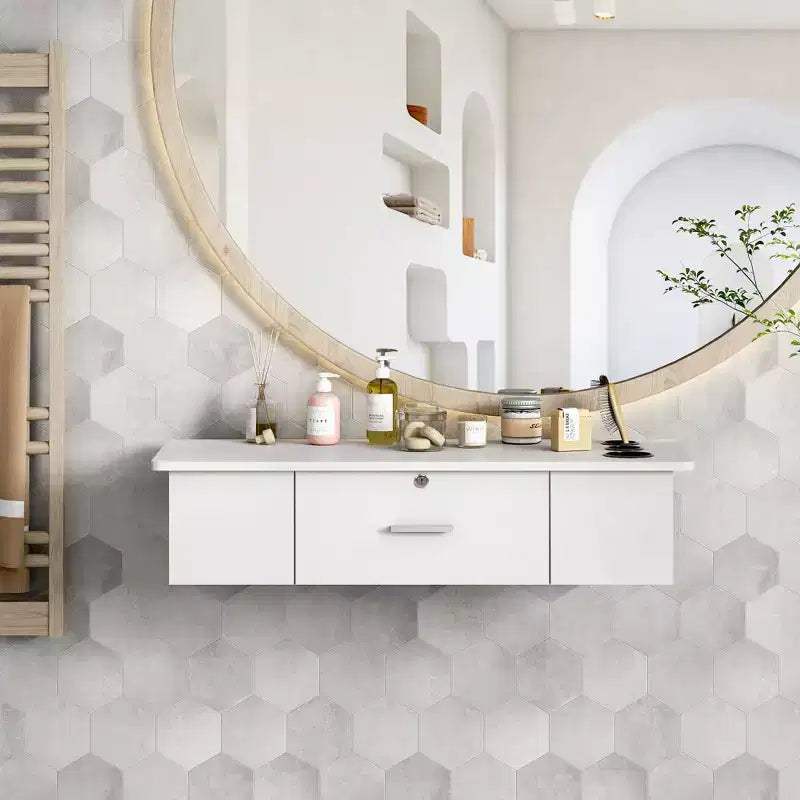 Poste de coiffage mural pour barbier avec tiroir de rangement verrouillable, blanc